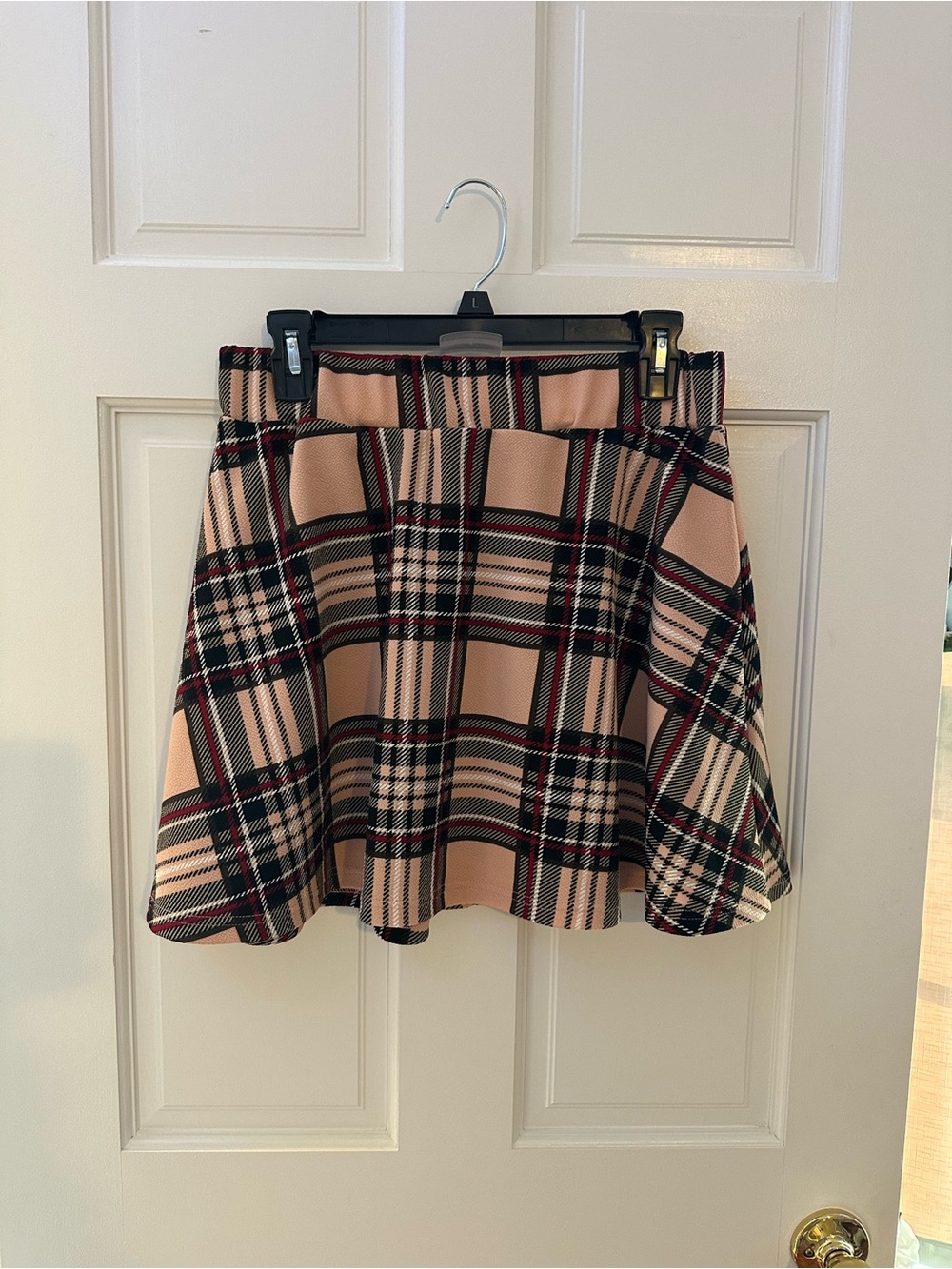 SHEIN Pink Plaid Circle Skirt with Black and Red Accents